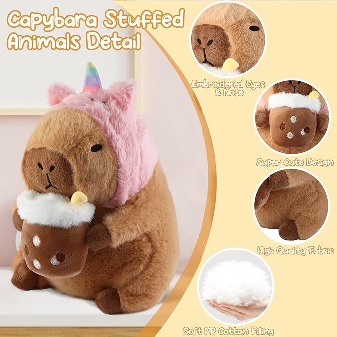 Capybara Plush Pillow Kawaii Soft Stuffed Animals Toy with Unicorn Hood Cute Capibara Plushie Gifts for Kids Girls Boys Birthday Valentine Room Decor 11 Inch