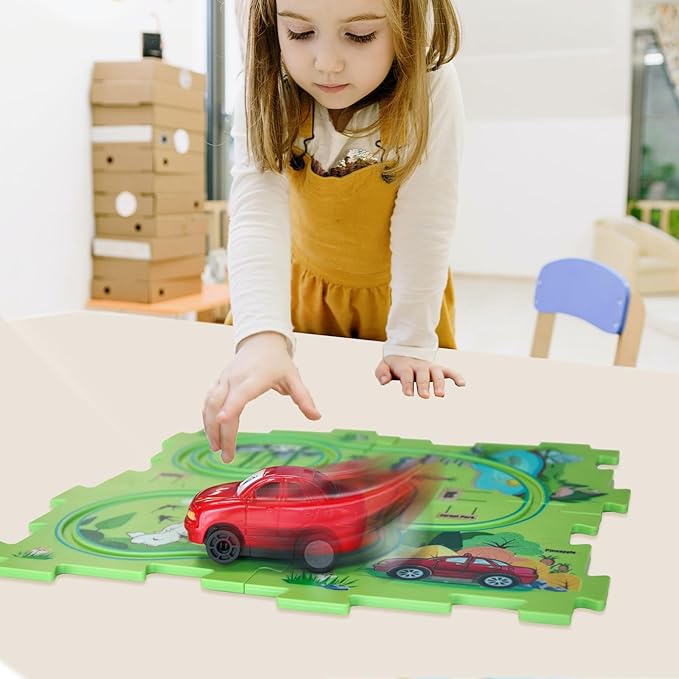 4 Year Old Boy Birthday Gift, Puzzle Racer Kids Car Track Set Puzzle Racer Car Track Set with Roadmap Puzzle Track Car Play Set Toys for 4 Year Old Boys (E-Dinosaur-1, Set3-5Pcs)