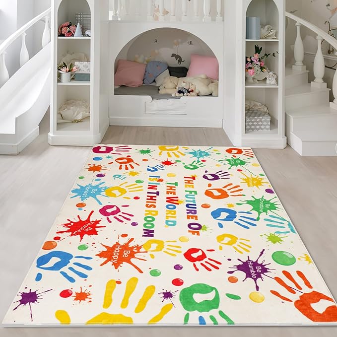 Colorful Kids Handprints Area Rug, Non-Slip Play Mat, Ultra Soft Thick Plush Indoor Rug for Playroom, Classroom, Nursery Decor (59 X 39.4 INCH)
