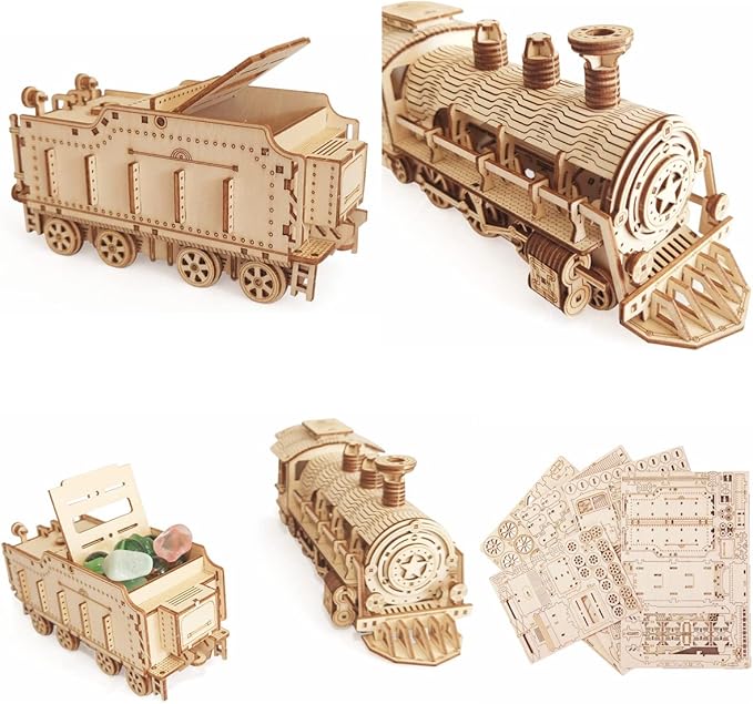 i-CHONY 3D Wooden Puzzle - DIY Mechanical Steam Train Model Kits - Wood Crafts Vehicle Building Model - Wooden STEM Brain Teaser Puzzle - Steam Train Birthday Gifts for Adults Teens Boys Girls