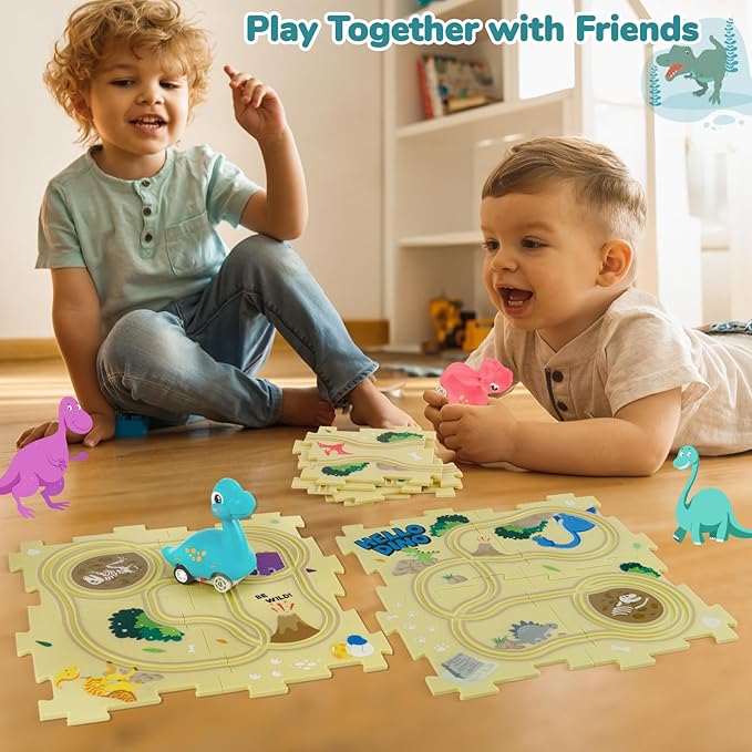 Puzzle Racer Kids Car Track Set with 2 Dino Cars, Kids Toys for 3-5 Year Old Boys, Montessori Toys for 3+ Year Old