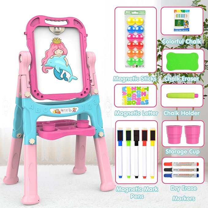 Amagoing Easel for Kids, Adjustable Standing Art Easel for Toddler, Double Chalk Drawing Board with Painting Accessories, Birthday Christmas Gift for Little Boys and Girls 3-5 Years Old