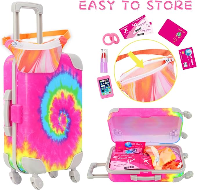 K.T. Fancy 14 PCS American 18 Inch Doll Travel Accessories Set - Rainbow Tie-Dye Suitcase Luggage with Waist Bag, Clothes, Makeup Kit, Phone Passport & Stickers (No Doll Included) Gift for Girls