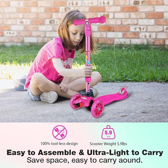 BELEEV A2 Scooters for Kids 3 Wheel Kick Scooter for Toddlers Girls Boys, 4 Adjustable Height, Lean to Steer, Light up Wheels, Extra-Wide Board, Easy to Assemble for Children Gift Sport Toys Ages 3-12