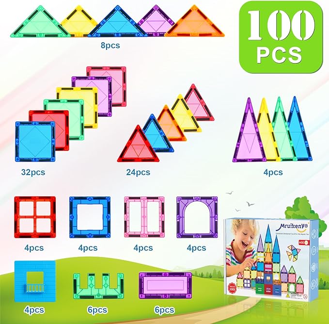 100PCS Magnetic Tiles Kids Toys - Magnetic Building Blocks STEM Magnet Building Set Preschool Learning Magnet Toys for Kids Ages 3-5 4-8, Sensory Montessori Toy for Toddlers 3+ Year Old Boys Girls