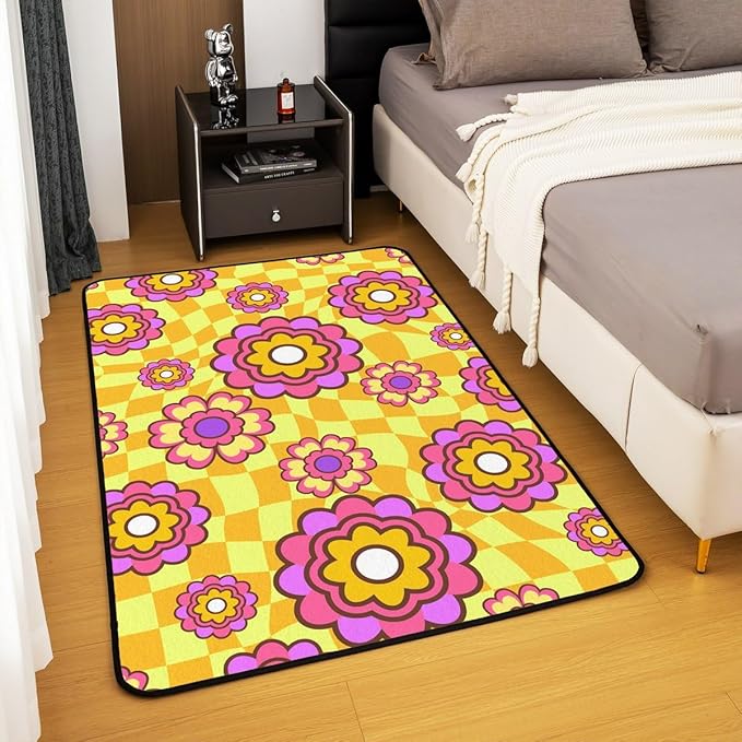 Colorful Flower Area Rug 5x7 Hippie 70S Groovy Floral Power Rug Gold Abstract Checkered Carpet for Kids Girls, Aesthetic Psychedelic Non Slip Decorative Rug for Living Room