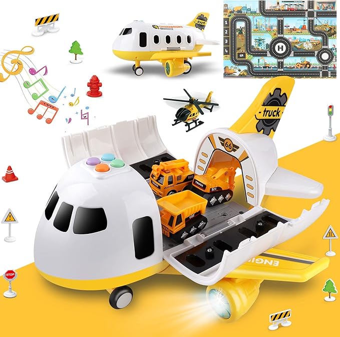 Dwi Dowellin Construction Airplane Toys,Car Toys Set with Light and Sound，Great Birthday Gifts for 3 4 5 6 Years Old Boys (Medium)