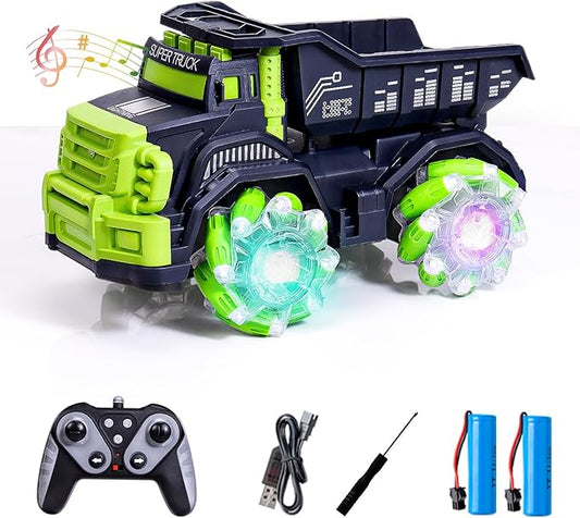 Remote Control Dump Truck,RC Stunt Car with Light & Music,RC Cars Gifts for Boys,Toy Cars for Kids 4 5 6 7 8 9 10 11 12 Yr Birthday Christmas(2 Batteries)