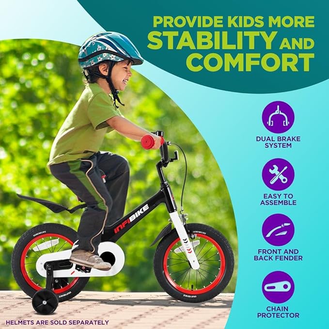 SereneLife Kids Bike with Training Wheels - Toddlers Bicycle w/Adjustable Seat Height, Alloy Steel Frame, Dual Brake System, Full Chain Guard, Reflector, Bell, Kickstand