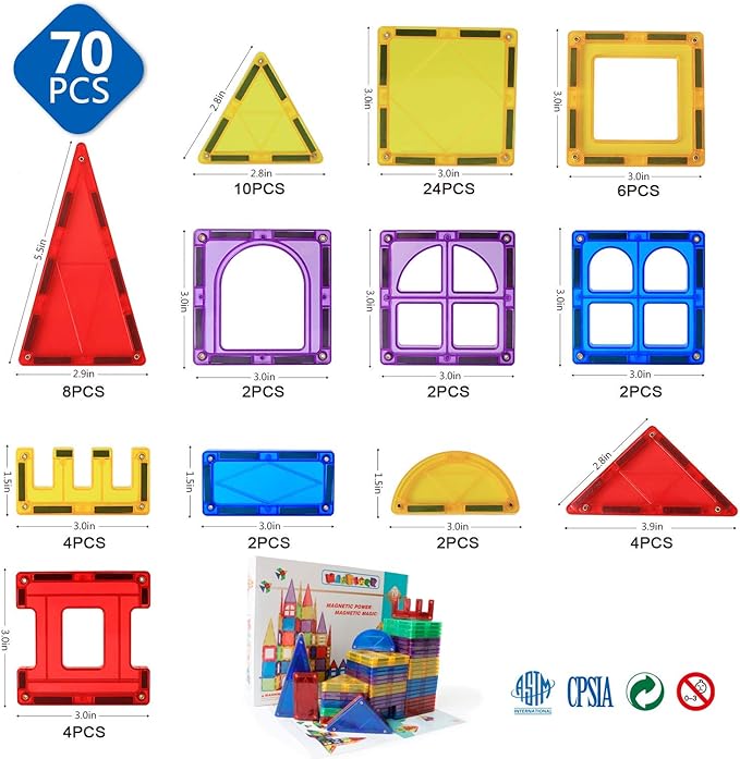 MAGBLOCK Magnetic Blocks - Magnetic Tiles Toys for Toddlers Kids Magnet Building Blocks Preschool Magnet Set for Boys and Girls Stem Toys 70 Pieces