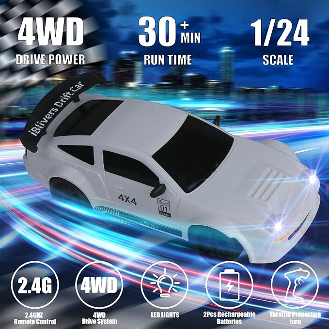 Mini RC Drift Car with Full Proportional Throttle, 1:24 Remote Control Car 4WD Drift GT-RX7 RC Cars Vehicle High-Speed Racing RC Drifting Cars Gifts Toy for Boys Kids (White)