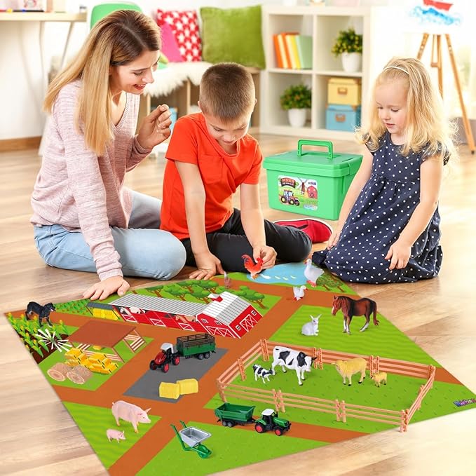 Farm Toy Set and Kids Activity Play Mat with Tractors, Animals, and Large Playmat Farm, Interactive Early Learning Toys for Toddler Boys and Girls - Great Gift for Birthday and Christmas