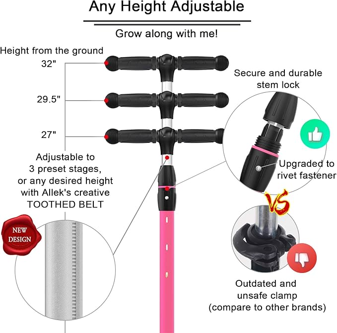 Allek Kick Scooter B03, Lean 'N Glide 3-Wheeled Push Scooter with Extra Wide PU Light-Up Wheels, Any Height Adjustable Handlebar and Strong Thick Deck for Children from 3-12yrs (Rose Pink)