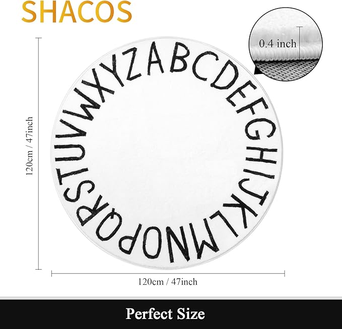 SHACOS Ultra Soft Round ABC Rug 4 Ft Fluffy Washable for Toddlers Baby Crawling Kids Room Playroom Nursery Non Slip Alphabet Educational Classroom Carpet