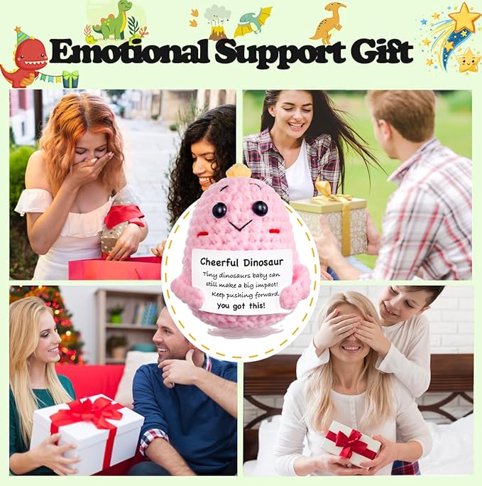 Funny Easter Basket Stuffers Positive Crochet Animals Dinosaur, Stress Relief Gifts for College Student Graduation Boyfriend Husband Women Birthday Desk Decor(Pink Dinosaur)