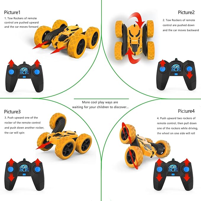 Remote Control Car Double Sided 360°Rotating 4WD RC Cars with Headlights 2.4GHz Electric Race Stunt Toy Car Rechargeable Toy Cars for Boys Girls Birthday (Yellow)