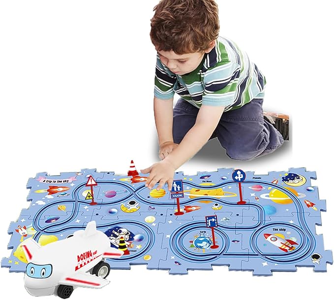 4 Year Old Boy Birthday Gift, Puzzle Racer Kids Car Track Set Puzzle Racer Car Track Set with Roadmap Puzzle Track Car Play Set Toys for 4 Year Old Boys (B-Space, set2-15PCS)