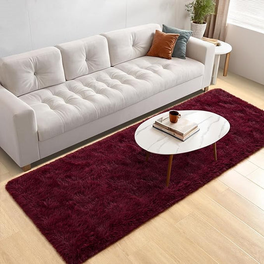 Nuttumico 2x6 Feet Ultra Soft Runner Rugs for Bedroom with Upgraded Non-Slip Rubber Backing, Fluffy Shag Throw Area Rugs for Hallways Bedside Nursery Dorm Kids Boys Girls Room, Burgundy