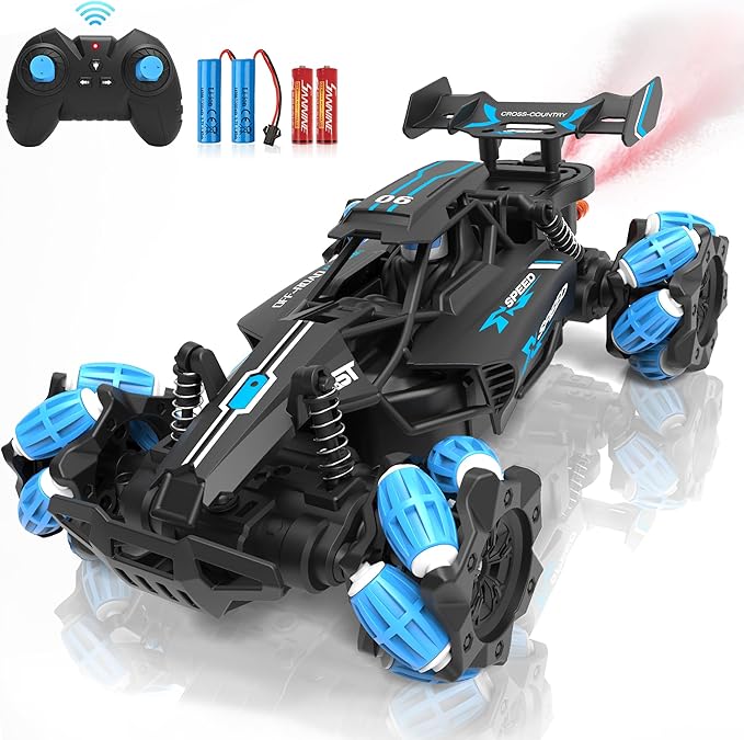 Eulogia Remote Control Car, 2.4GHz All-Terrain RC Stunt Truck with 360° Rotation, Sideway Drifting, One-Key Demo, Spray with Light. Best Car Toy for Boys Girls Kids Ages 4-12, Birthday Gift(Blue)