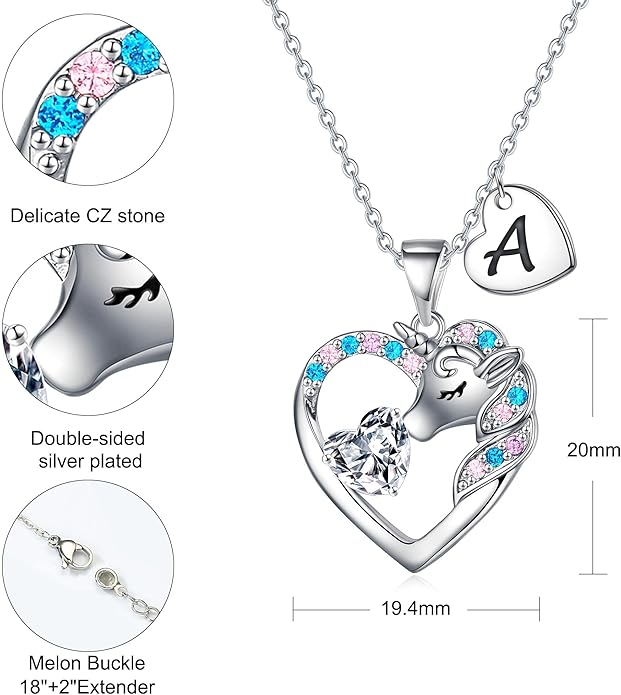 Necklace for Girls Kids Gifts - Colorful CZ Heart Initial Necklaces Unicorn Necklace for Girls Jewelry Birthday Graduation Gifts for Little Girl Kids