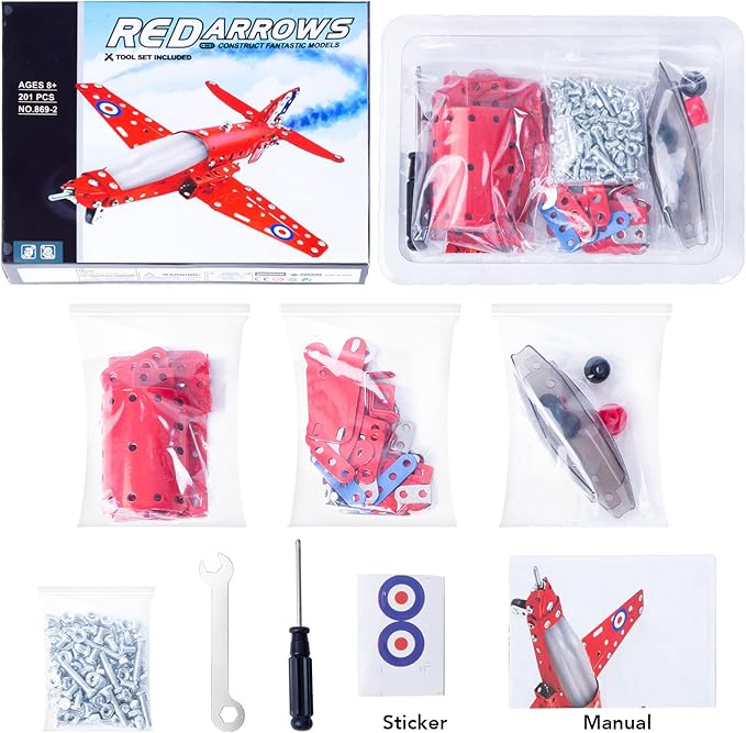 STEM Assembled Model Plane Kit Building Toy, 201 Pieces STEM Projects Airplane Building Kits for Kids Age 8-12, STEM Educational Model Kit Gifts for Teenage Boys & Girls 8+, Red, 7*9*3 inch
