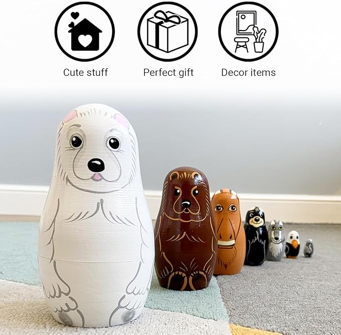 Wooden Animal Nesting Dolls Set of 7 pcs - Matryoshka Polar Animals Figurines - North American Animals Alaska Souvenirs