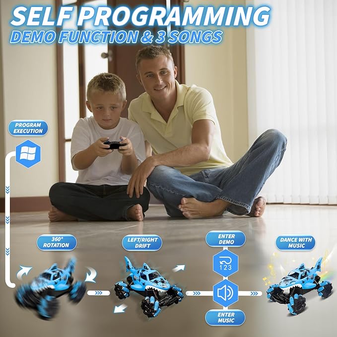 Ansee RC Cars for Kids, Shark Remote Control Car for Boys, 2.4GHz 360 Flips Rotating All Terrains RC Truck with Water Shooting, Sound & Spray Remote Control Truck Toys for Boys Girls Gifts (Blue)