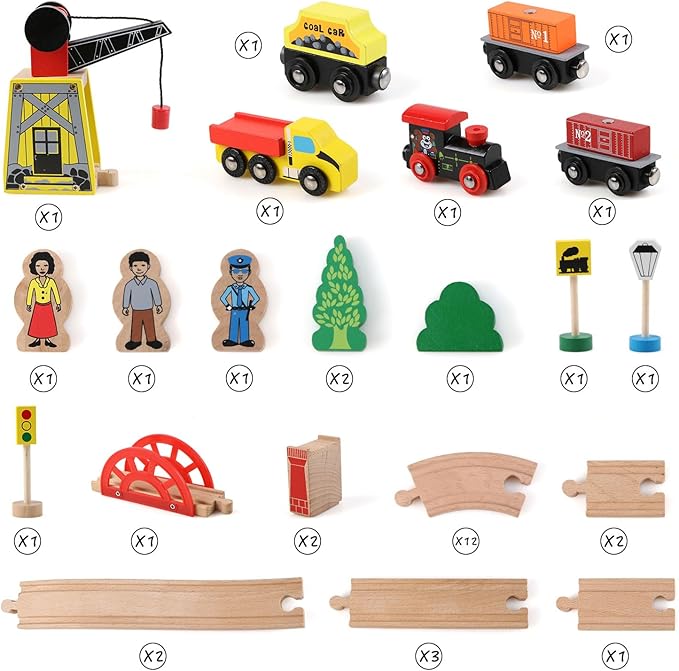 Qilay Wooden Train Set for Toddler - 39 Pcs Wooden Train Tracks with Crane, Bridge & 5 Wooden Trains - Train Toys for 3,4,5 Year Old Boys & Girls - Fit All Major Bands Train Tracks Set