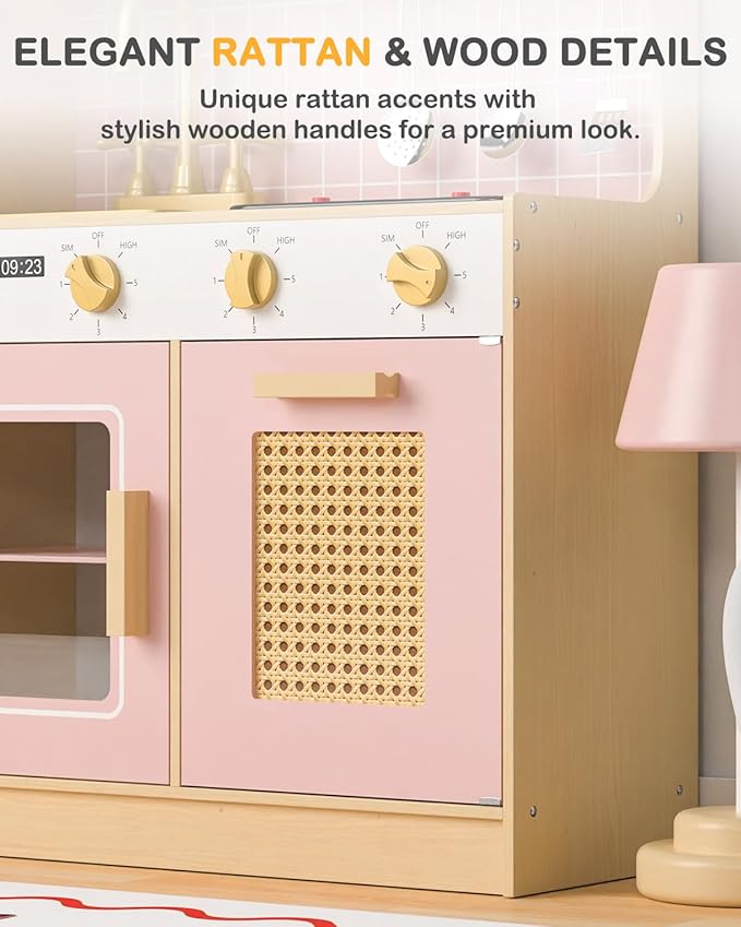 Babytronic Wooden Kitchen Playset for Kids, Pink Pretend Play Kitchen with Lights & Sounds, Retro Style Toy Kitchen for Toddlers Ages 3+, Wooden Play Kitchen Set with Realistic Design (Pink)