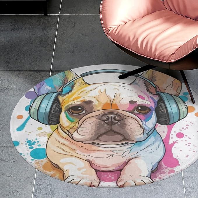Round Rug-3Ft Colorful French Bulldog Living Room Area Rug Circle Rugs Soft Bedroom Mat,Round Carpet for Nursery Dorm Family Room