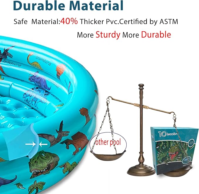 Dinosaur Inflatable Baby Pool - Small Toddler Blow Up 3 Rings Round Pad Pool, Outdoor/Indoor Play Center with Ball Pit & Toys - 48'x12'