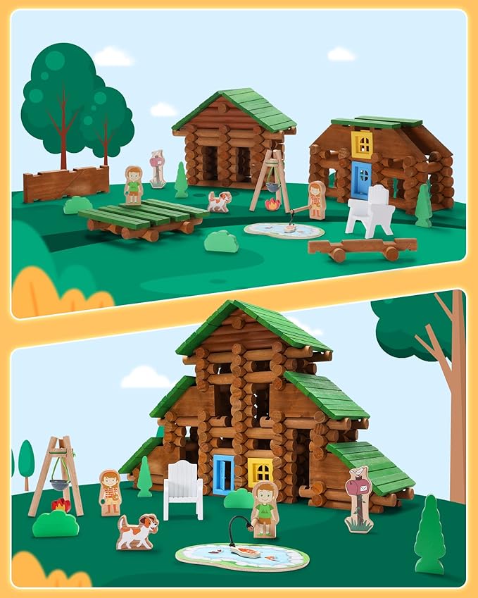 SainSmart Jr. 214 PCS Wooden Logs Cabin Set Ages 3, Building Log Gift for Boy/Girl, Creative Construction Engineering Educational Toy, Vacation Chalet