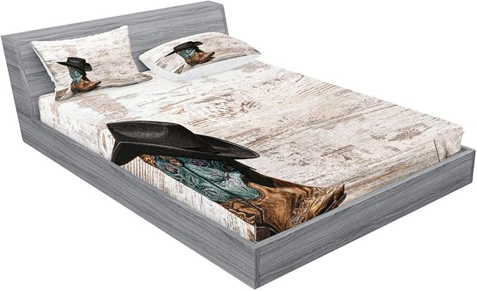 Ambesonne Western Fitted Sheet & Pillow Sham Set, Traditional Rodeo Cowboy Hat and Cowgirl Boots Retro Grunge Background Art Photo, Decorative Printed 3 Piece Bedding Decor Set, Calking, Black Brown