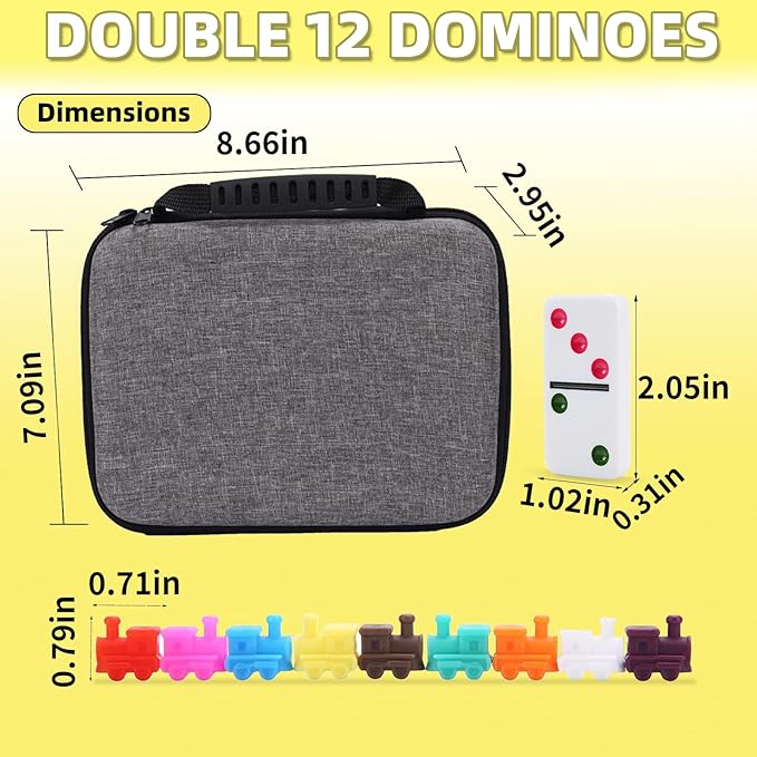 Double 12 Mexican Train Dominoes Set with 91 Colored Tiles, Travel Game with Portable Case, Classic Board Game for Family Nights for Kids and Adults
