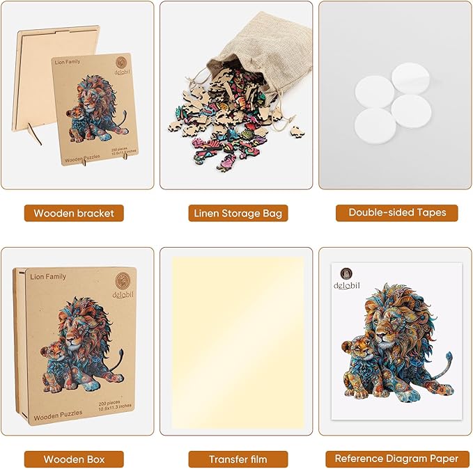 Wooden Puzzles for Adults, Lion Family Jigsaw Puzzles 200 Piece, Unique Shape Puzzles for Adults and Kids, Fun Challenging Puzzles Family Game Gift, Medium Size 10.6 x 11.3 Inches