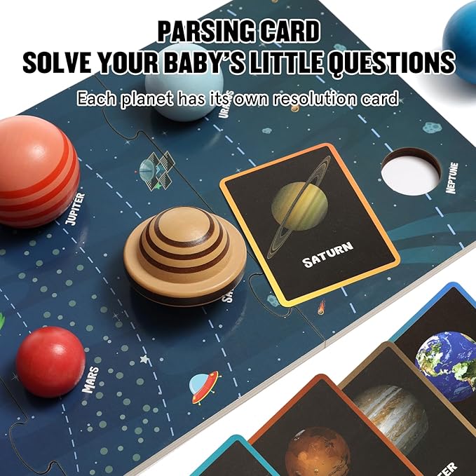 Wooden Solar System Model Board，Kids Solar System with Astronauts ，Montessori Planet Toys,Educational Planets Balls,Preschool Learning Puzzle，Space Knowledge Flash Cards Learning Toys for Kids