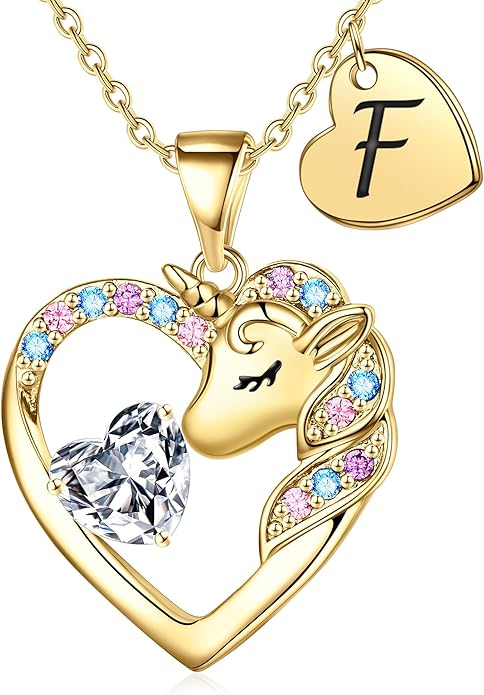Necklace for Girls Kids Gifts - Colorful CZ Heart Initial Necklaces Unicorn Necklace for Girls Jewelry Birthday Graduation Gifts for Little Girl Kids