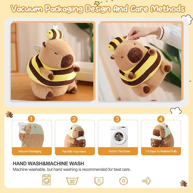 Capybara Plush Toy Kawaii Stuffed Animals with Bee Costume Soft Cute Plushies Capybara Doll for Girls Boys Kids Birthday Valentine Gift Room Decor 12 Inch
