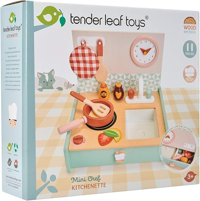 Tender Leaf Toys - Mini Chef Kitchenette - Foldable Portable Wooden Kitchen with Accessories for Pretend Cooking – Develops Social, Creative and Imaginative Skills - Learning Role Play - Age 3+