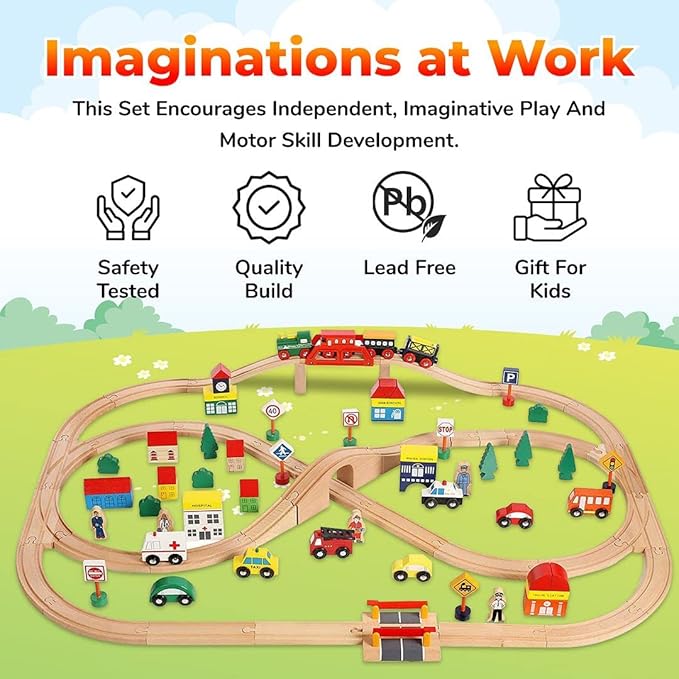 Wooden Train Set 100 Piece All in One Wooden Toy Train Tracks Set with Magnetic Trains and Railway Accessories, Comes in A Clear Container, Compatible with All Major Brands