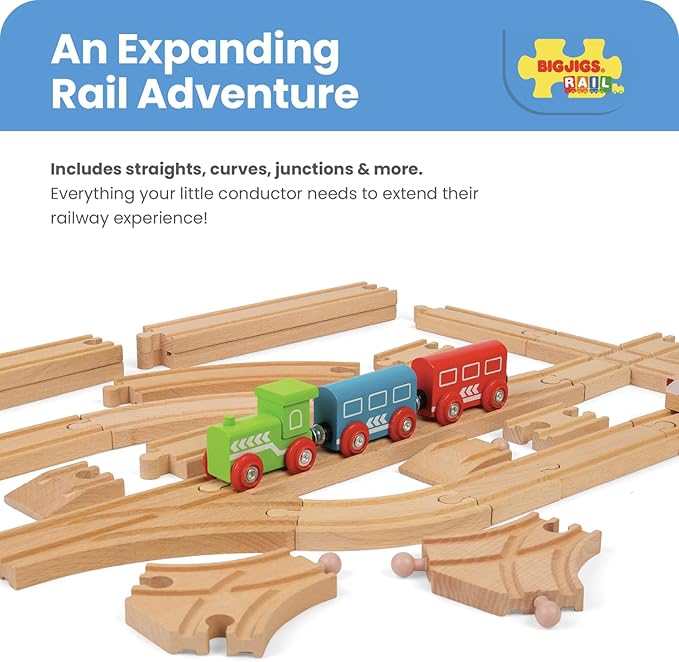 Bigjigs Rail Low Level Train Track Expansion Pack - 25pc Wooden Train Track for Train Sets , Quality Bigjigs Train Accessories , Compatible with most major Wooden Railway Brands