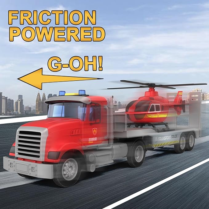 22" Semi Fire Truck Toy with Helicopter for Kids Toddlers - Fire Police Car Toys, Birthday for Boy Girl Child 3 4 5 6 7 Years Old
