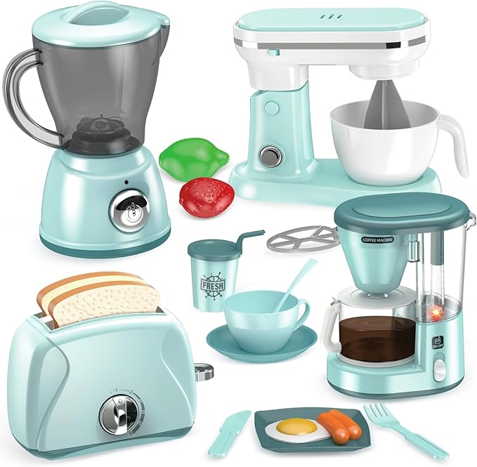 Shemira Play Kitchen Accessories, Pretend Kitchen Appliances Toy Set with Coffee Maker, Blender, Mixer, Toaster, Toys for 3 4 5 6 7 8 Year Old, Birthday Gifts for Kids Age 3-5 4-6 6-8 Girls