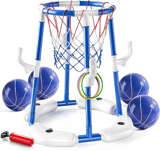 Pool Basketball Hoop Toys,2-in-1 Floating Basketball Pool Games with 4 Balls/12 Rings/Pump,Swimmming Pool Games for Kids Ages 4-8 8-12 Adult, Outdoor Water Play Toys for Summer Family Party(Blue)
