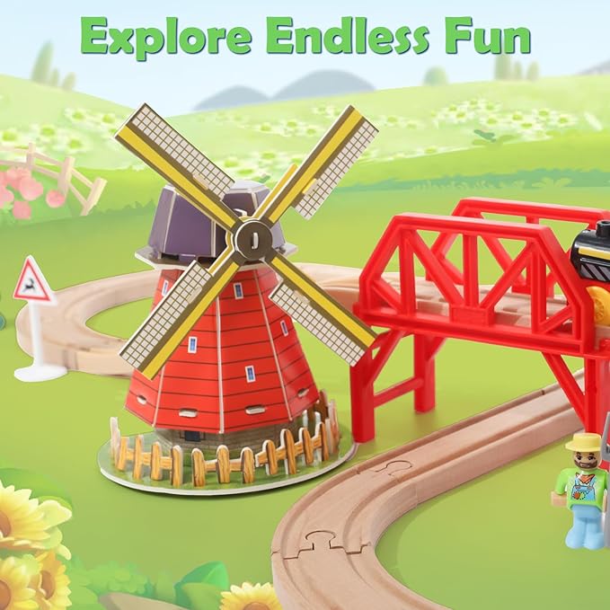 Wdmiya Wooden Train Set for Toddlers, 38 Pcs Wooden Train Track for Kids, Train Toy with Bridge and Tracks (Fits Thomas & Brio), Christmas Birthday Trains Gift for 2 3 4 5 6 7 8 Years Old (Pinwheel)