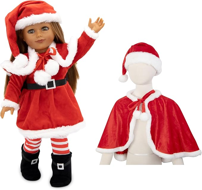 Playtime by Eimmie 18 Inch Doll Clothes and Accessories - Christmas Holiday Dress with Matching Santa Hat & Shawl - Clothing Sets & Stuff - Fits American, Generation & Similar 18” Dolls for Girls