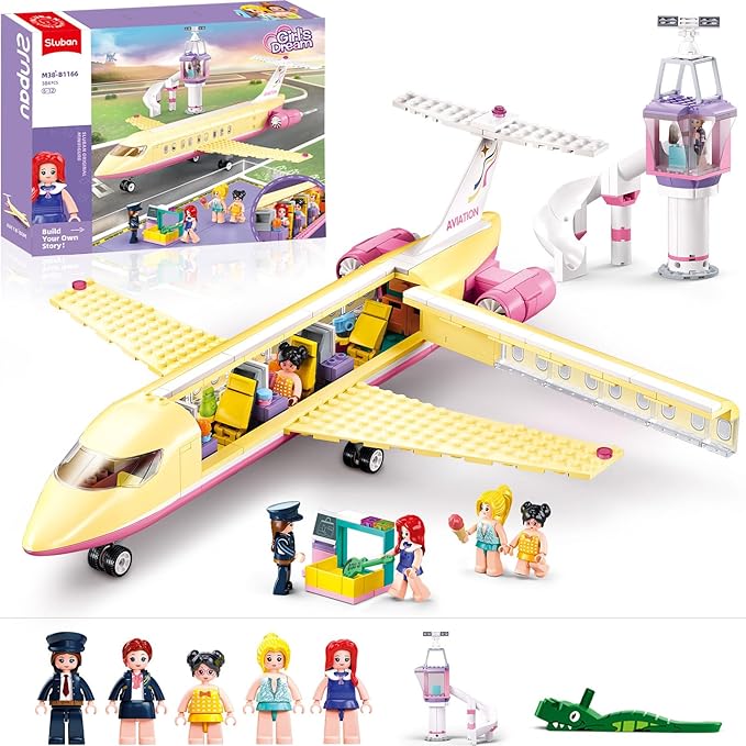Sluban Airplane Building Set for Girls 6+ 8+ 12+, Airport Plane Kit Compatible with Lego Friends, Control Tower, Security Check Machine, and 5 Minifigures, Thanksgiving Boys Kids 6-12