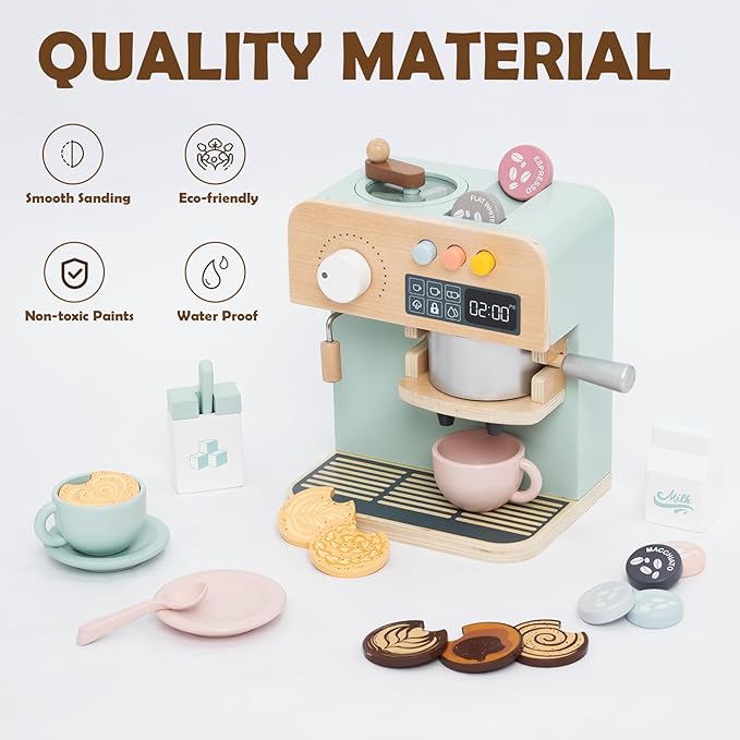 Kids Coffee Maker Playset, 23PCS Wooden Kitchen Toys, Play Kitchen Accessories for Toddler, Espresso Machine Playset, Gift for Boys and Girls 3 4 5 Years