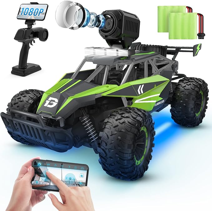 DEERC DE65 Remote Control Car with 1080P HD Camera,1:16 Scale RC Cars with LED Chassis Light&Headlights, 2.4Ghz High Speed Monster Truck Toy Vehicle, 2 Batteries for 60 Mins Play, Gift for Kids Boys