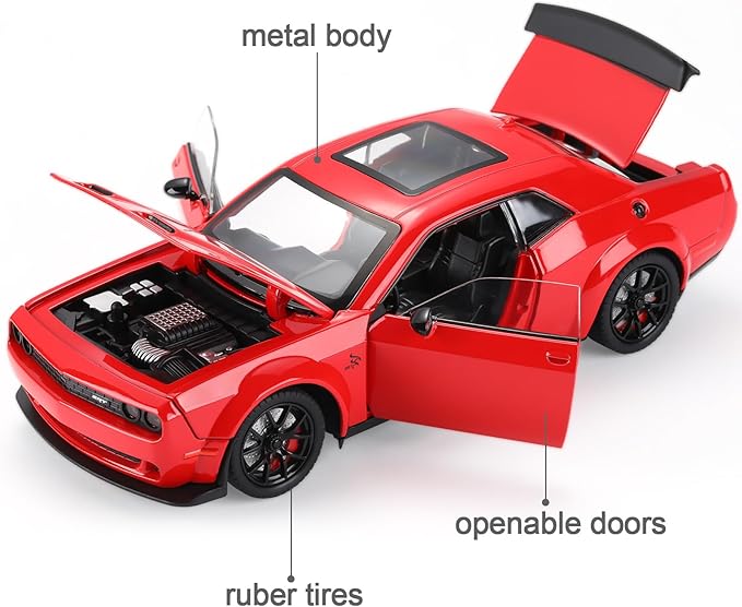 SASBSC Hellcat Toy Cars for Boys Age 3-12 1:24 Challenger Car Toys Diecast Metal Car Model with Light & Sound Collectable Muscle Cars for 3+ Year Old Kids (Red)